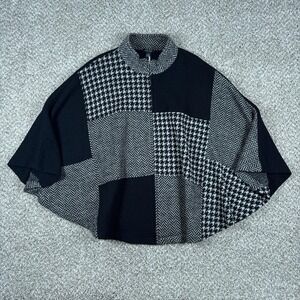 Katie Todd Cape Poncho Womens L/XL Black Gray Wool Houndstooth Herringbone